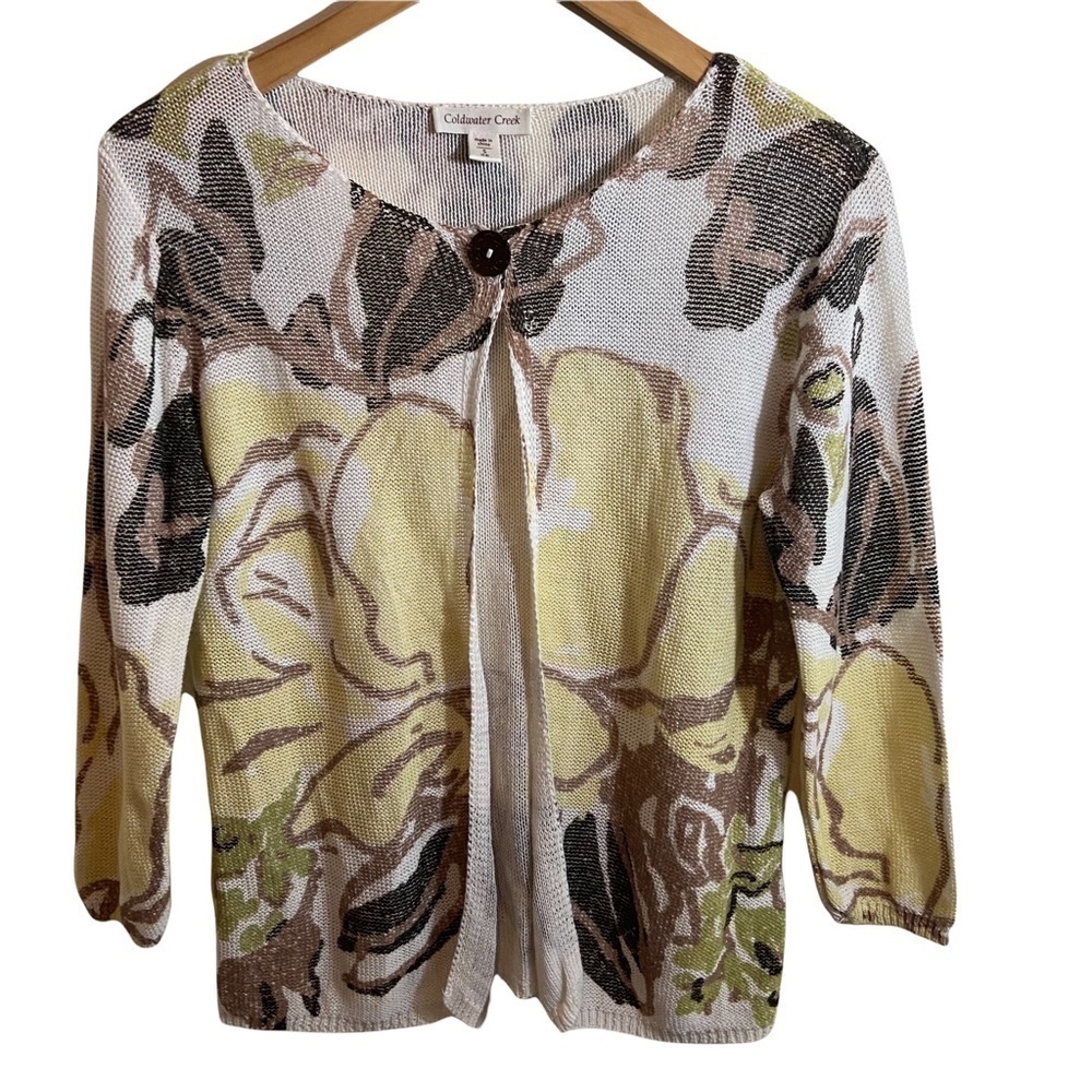 Coldwater Creek Knit Sweater Cardigan Floral One Button Closure Sz S (6-8)